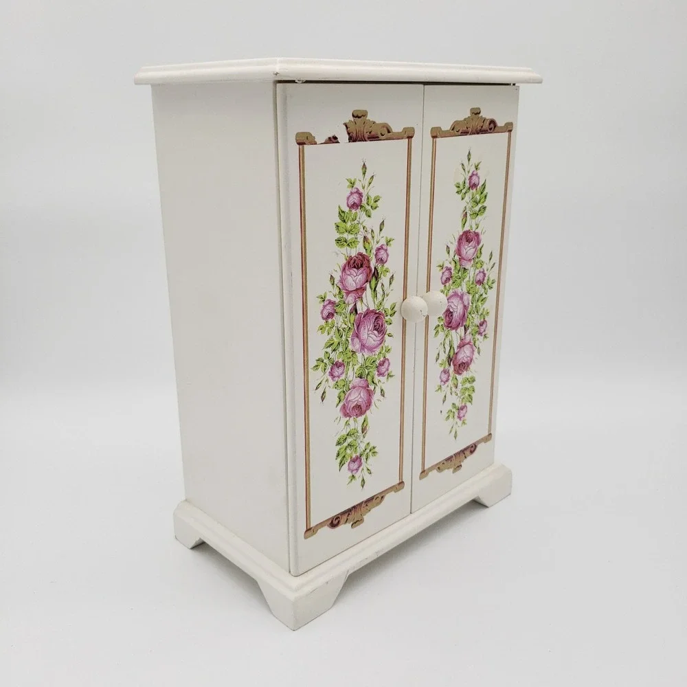 Vintage Shabby Chic White Floral Jewelry Armoire Rose Trinket Box Organizer